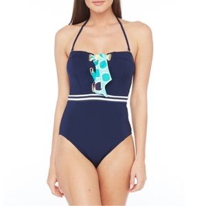 NEW Trina Turk One-Piece Swimsuit Midnight Blue Stripe Dot Bandeau Women Size 6